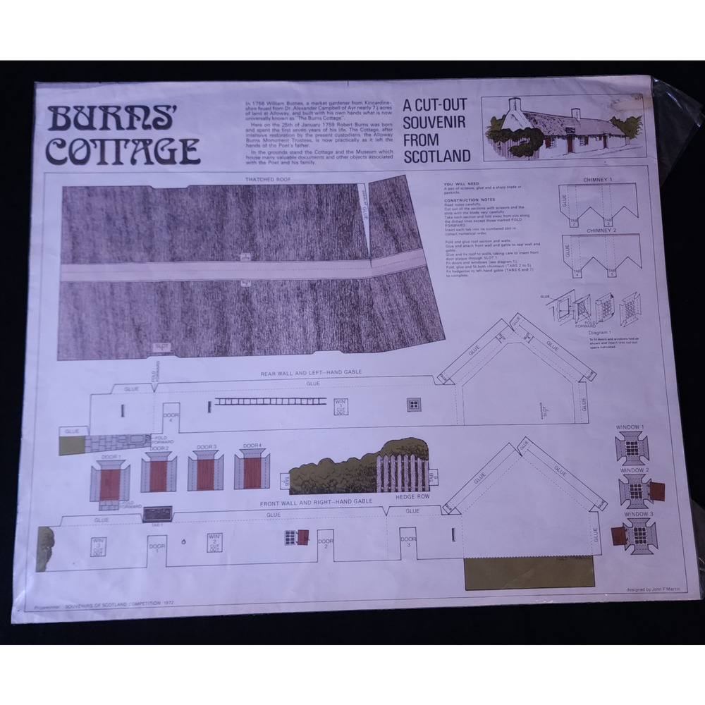 Vintage Rare Burns Cottage 3D Paper Cut Out Souvenir Model From Scotland New